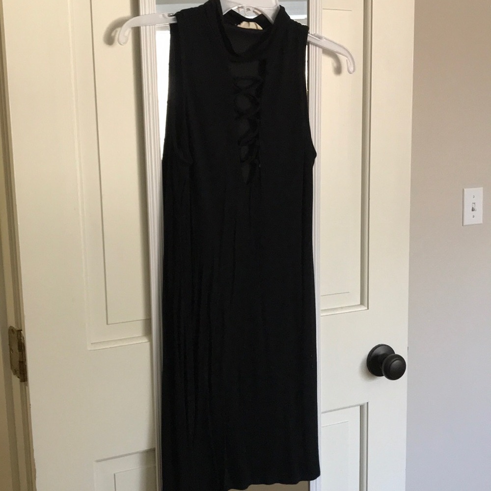 Black high neck dress.